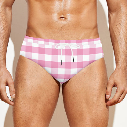 Pink And White Gingham Pattern Print Men's Swim Briefs