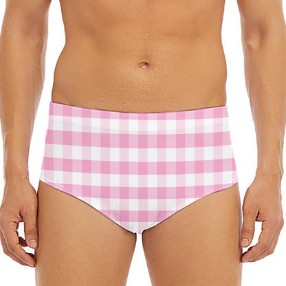 Pink And White Gingham Pattern Print Men's Triangle Swim Briefs