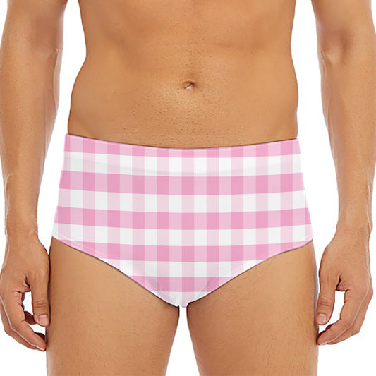 Pink And White Gingham Pattern Print Men's Triangle Swim Briefs