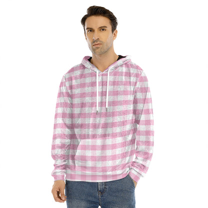 Pink And White Gingham Pattern Print Men's Velvet Pullover Hoodie