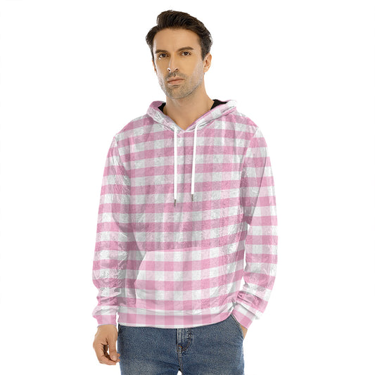 Pink And White Gingham Pattern Print Men's Velvet Pullover Hoodie