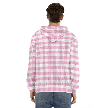 Pink And White Gingham Pattern Print Men's Velvet Pullover Hoodie