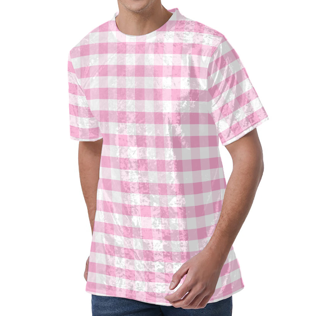 Pink And White Gingham Pattern Print Men's Velvet T-Shirt