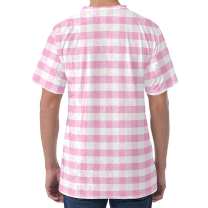 Pink And White Gingham Pattern Print Men's Velvet T-Shirt