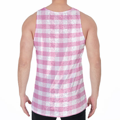 Pink And White Gingham Pattern Print Men's Velvet Tank Top