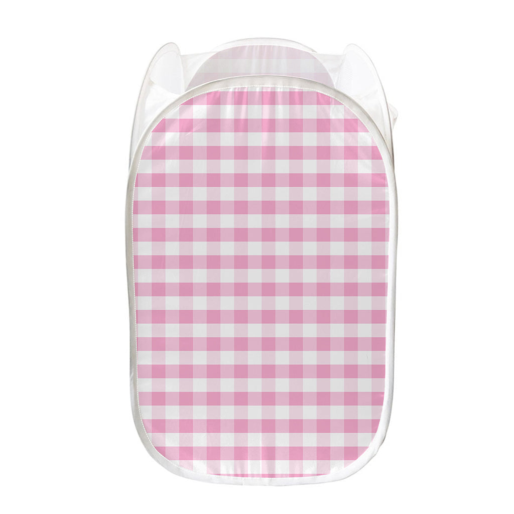 Pink And White Gingham Pattern Print Mesh Laundry Hamper