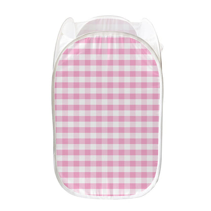 Pink And White Gingham Pattern Print Mesh Laundry Hamper