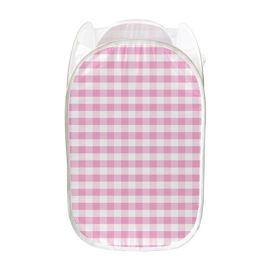 Pink And White Gingham Pattern Print Mesh Laundry Hamper