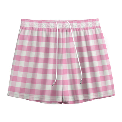 Pink And White Gingham Pattern Print Mesh Shorts