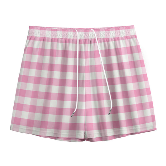 Pink And White Gingham Pattern Print Mesh Shorts