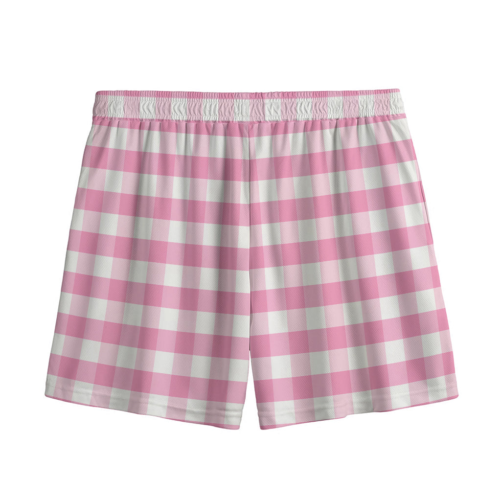 Pink And White Gingham Pattern Print Mesh Shorts