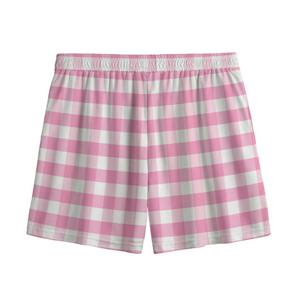 Pink And White Gingham Pattern Print Mesh Shorts