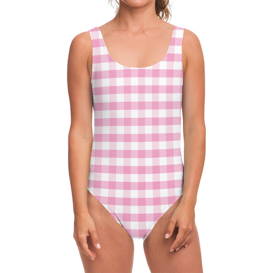Pink And White Gingham Pattern Print One Piece Swimsuit