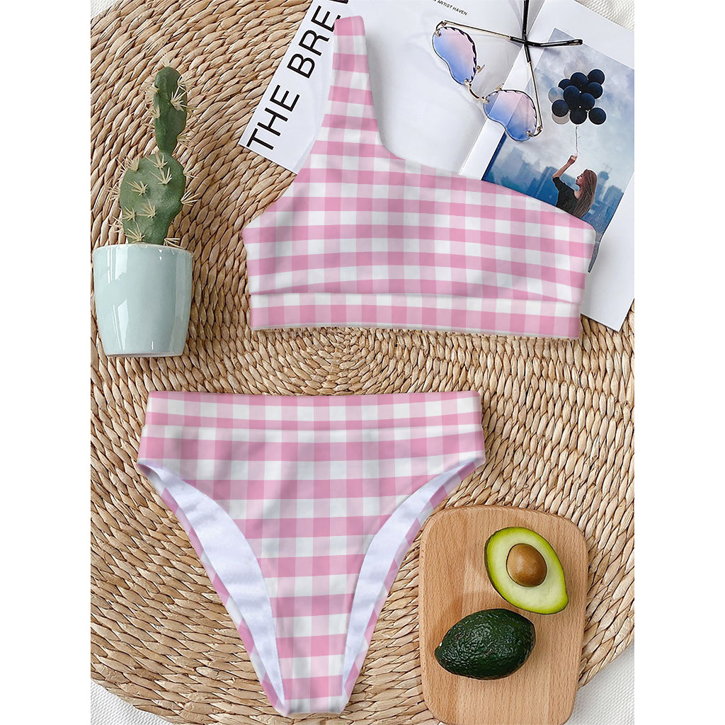 Pink And White Gingham Pattern Print One Shoulder Bikini Top