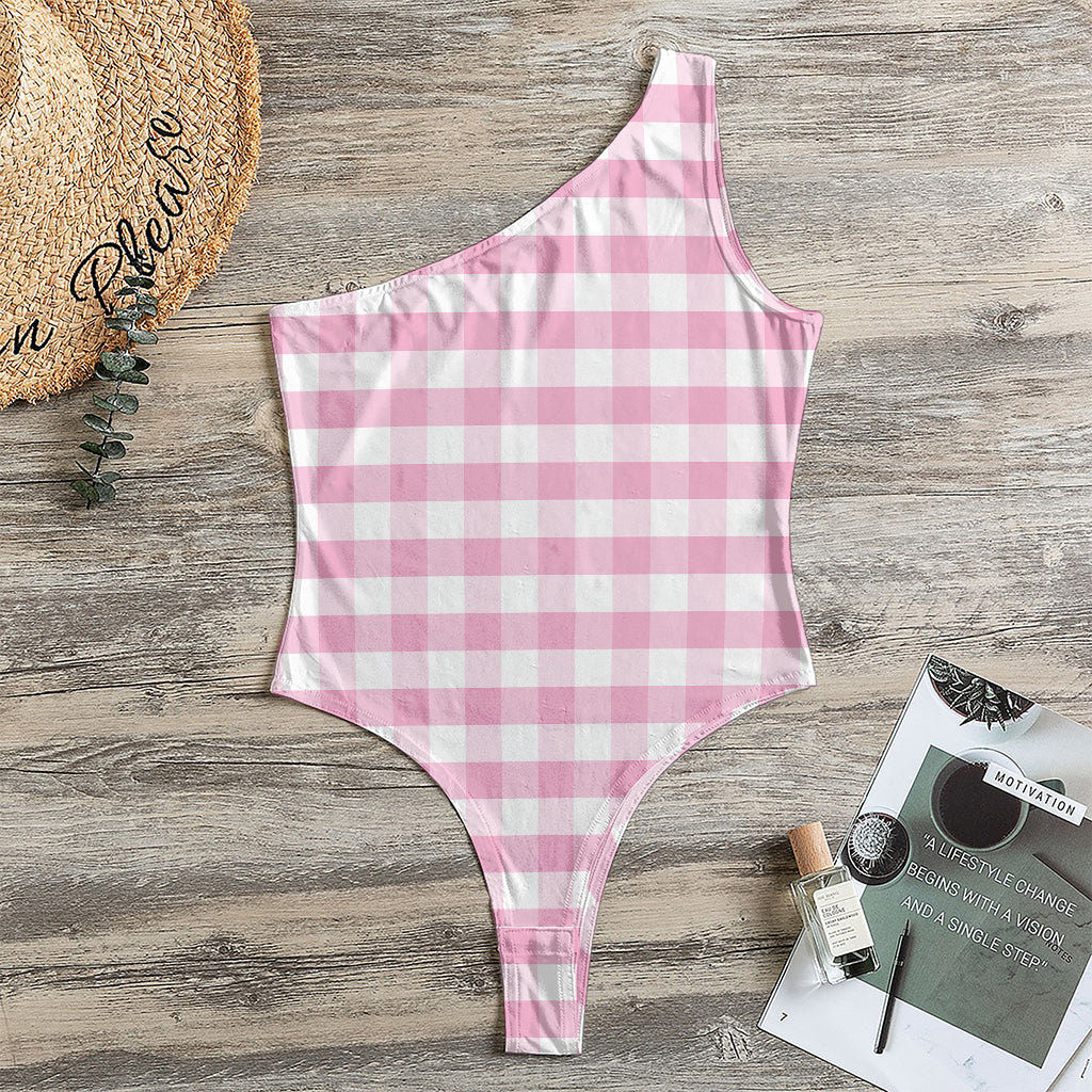 Pink And White Gingham Pattern Print One Shoulder Bodysuit