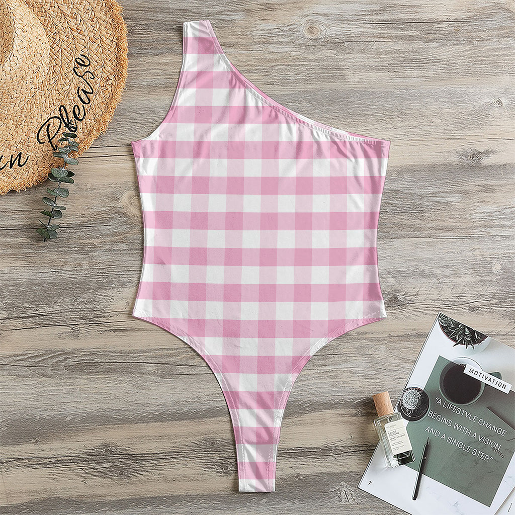 Pink And White Gingham Pattern Print One Shoulder Bodysuit