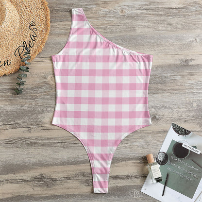 Pink And White Gingham Pattern Print One Shoulder Bodysuit