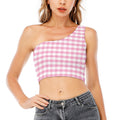 Pink And White Gingham Pattern Print One Shoulder Crop Top