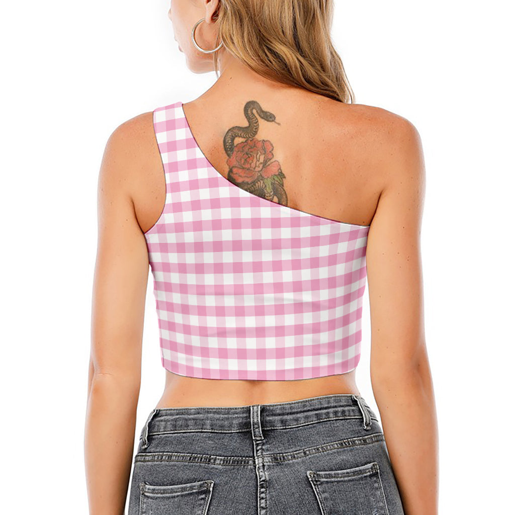 Pink And White Gingham Pattern Print One Shoulder Crop Top