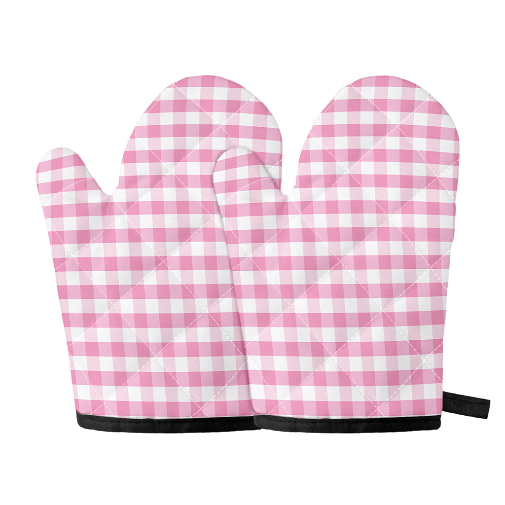 Pink And White Gingham Pattern Print Oven Mitts