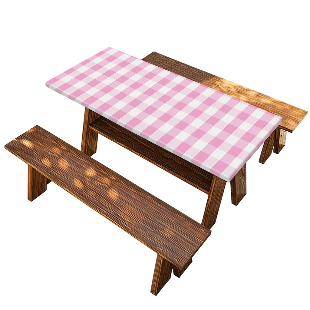 Pink And White Gingham Pattern Print Picnic Table Cover
