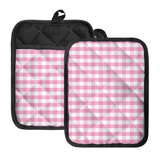 Pink And White Gingham Pattern Print Pot Holders With Pocket