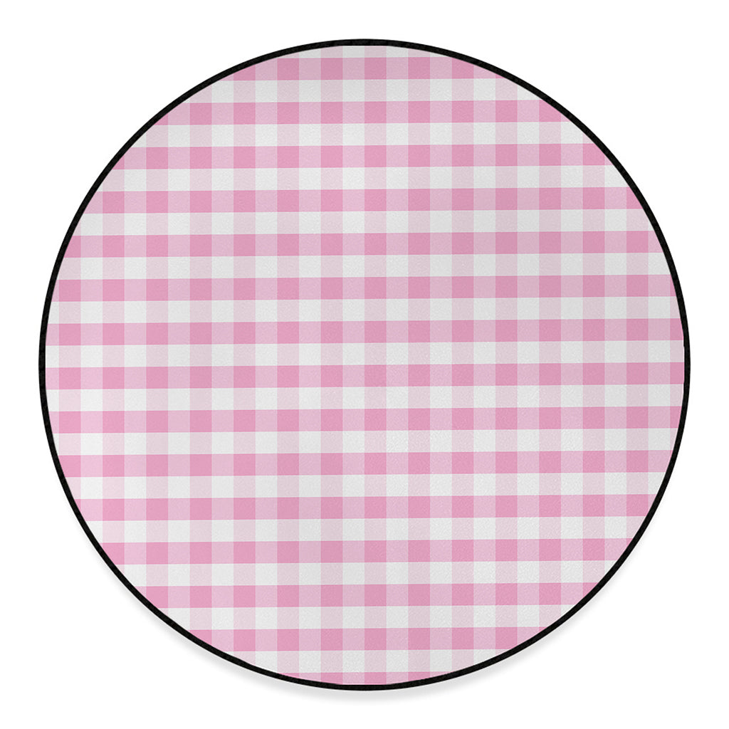 Pink And White Gingham Pattern Print Round Floor Mat