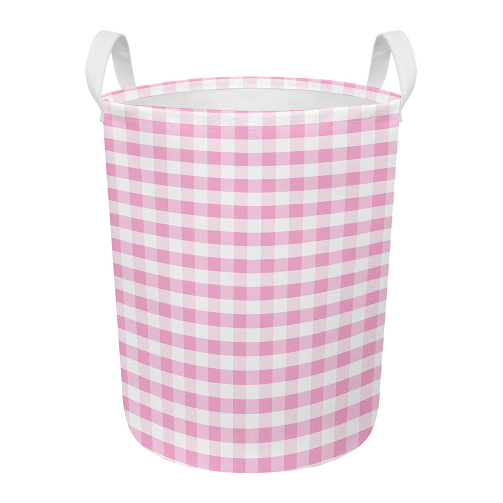 Pink And White Gingham Pattern Print Round Laundry Basket
