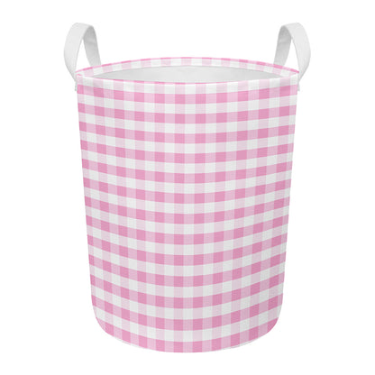 Pink And White Gingham Pattern Print Round Laundry Basket