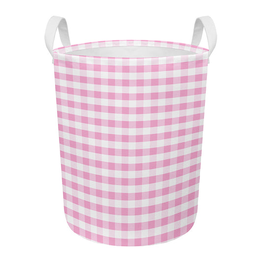 Pink And White Gingham Pattern Print Round Laundry Basket