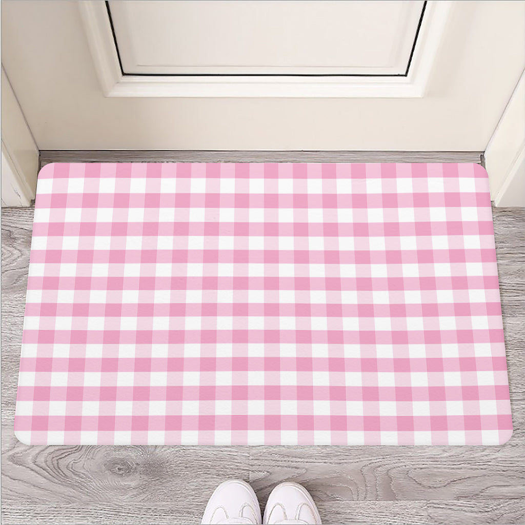 Pink And White Gingham Pattern Print Rubber Doormat