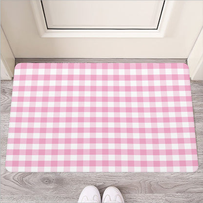 Pink And White Gingham Pattern Print Rubber Doormat