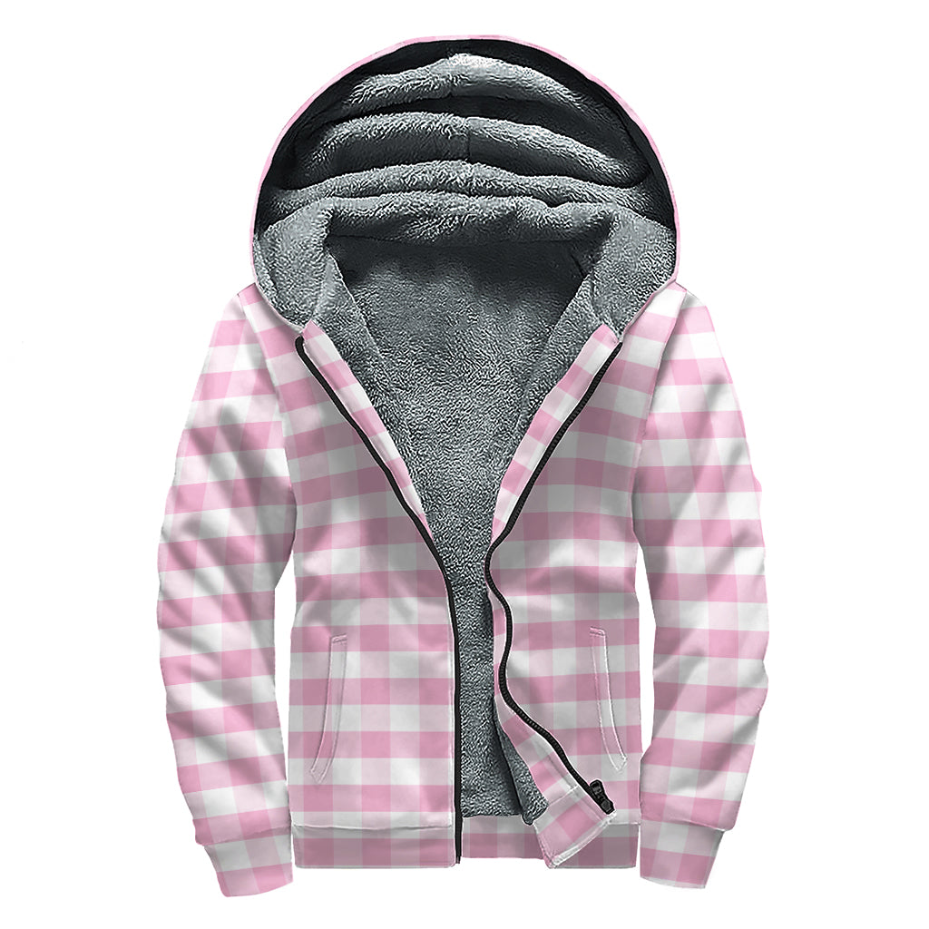 Pink And White Gingham Pattern Print Sherpa Lined Zip Up Hoodie
