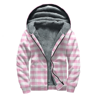 Pink And White Gingham Pattern Print Sherpa Lined Zip Up Hoodie