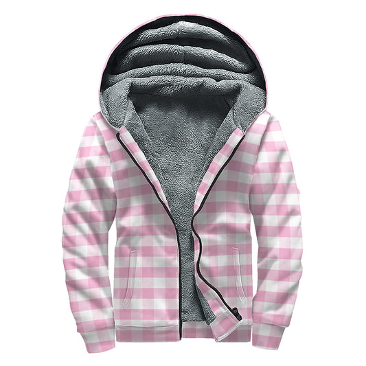 Pink And White Gingham Pattern Print Sherpa Lined Zip Up Hoodie