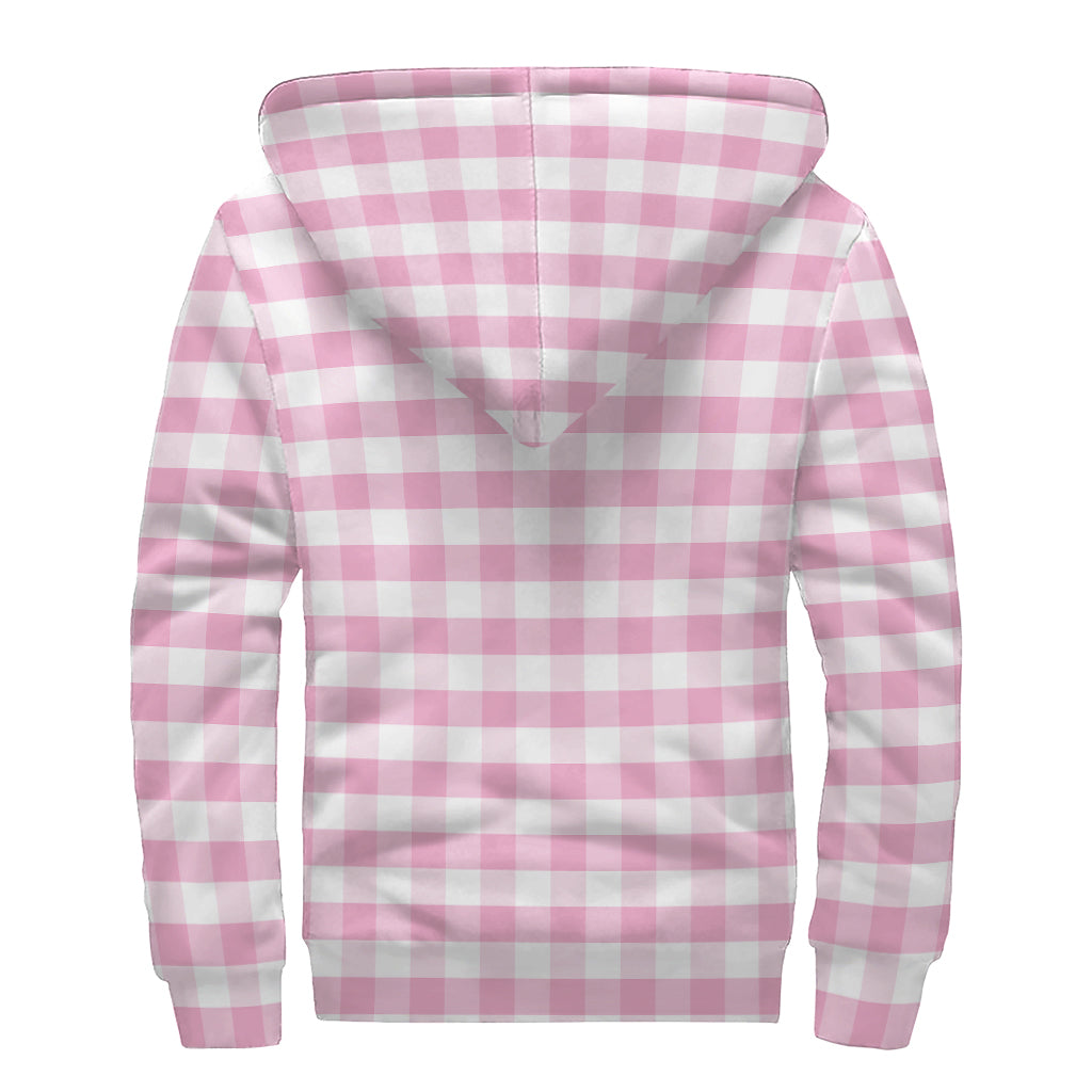 Pink And White Gingham Pattern Print Sherpa Lined Zip Up Hoodie