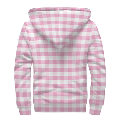 Pink And White Gingham Pattern Print Sherpa Lined Zip Up Hoodie