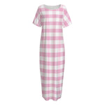 Pink And White Gingham Pattern Print Short Sleeve Long Nightdress