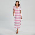 Pink And White Gingham Pattern Print Short Sleeve Maxi Dress