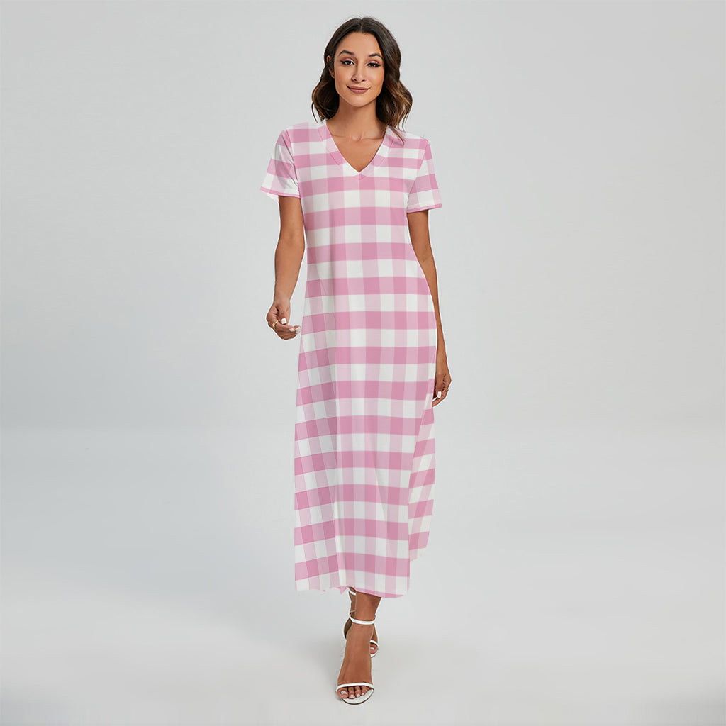 Pink And White Gingham Pattern Print Short Sleeve Maxi Dress