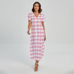 Pink And White Gingham Pattern Print Short Sleeve Maxi Dress
