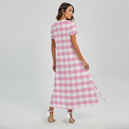 Pink And White Gingham Pattern Print Short Sleeve Maxi Dress
