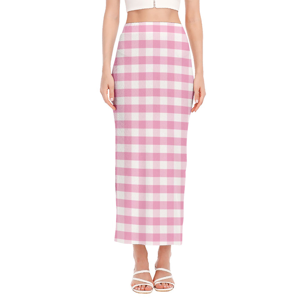 Pink And White Gingham Pattern Print Side Slit Maxi Skirt