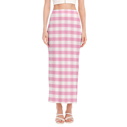 Pink And White Gingham Pattern Print Side Slit Maxi Skirt