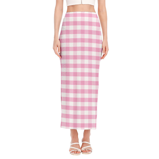 Pink And White Gingham Pattern Print Side Slit Maxi Skirt