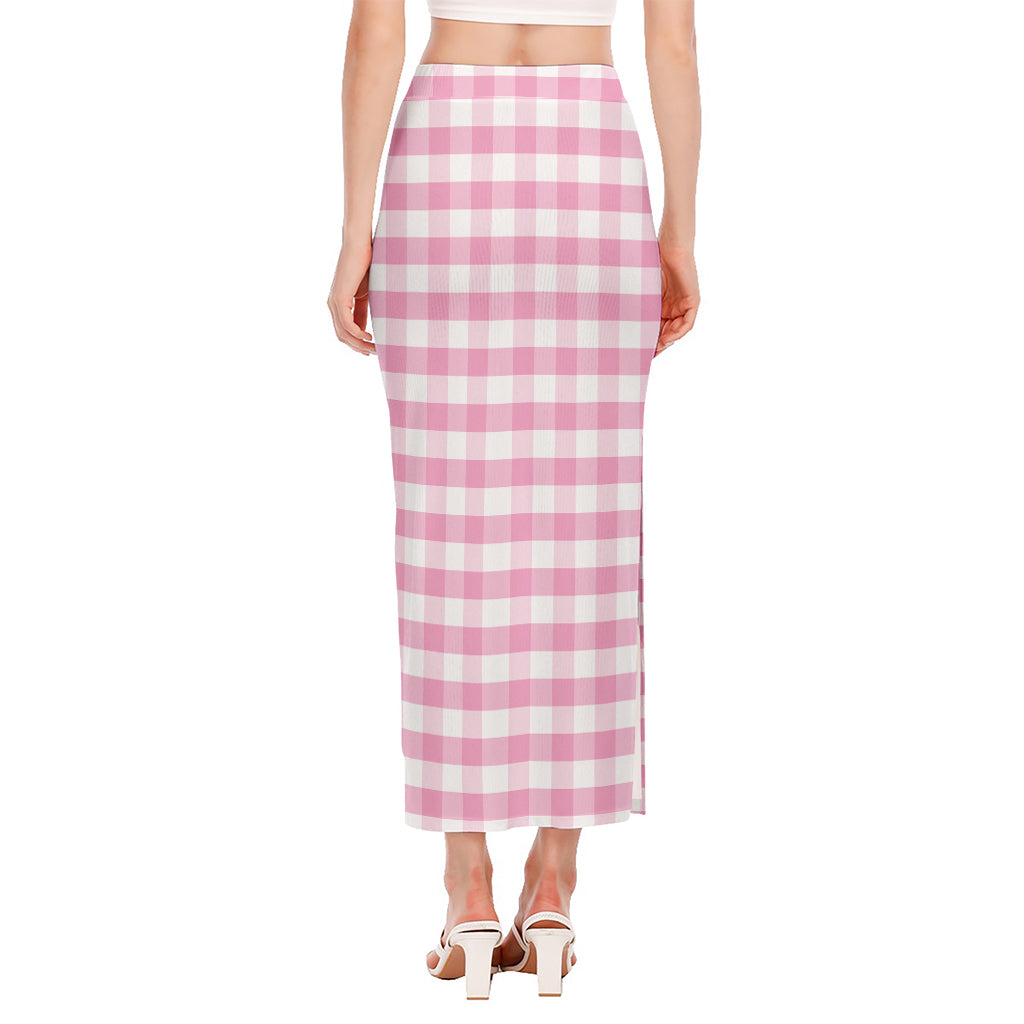 Pink And White Gingham Pattern Print Side Slit Maxi Skirt