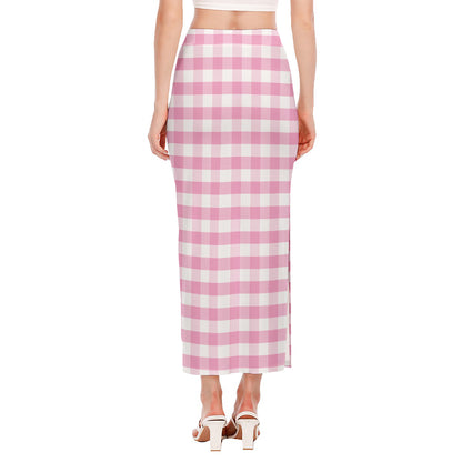 Pink And White Gingham Pattern Print Side Slit Maxi Skirt