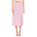 Pink And White Gingham Pattern Print Side Slit Midi Skirt