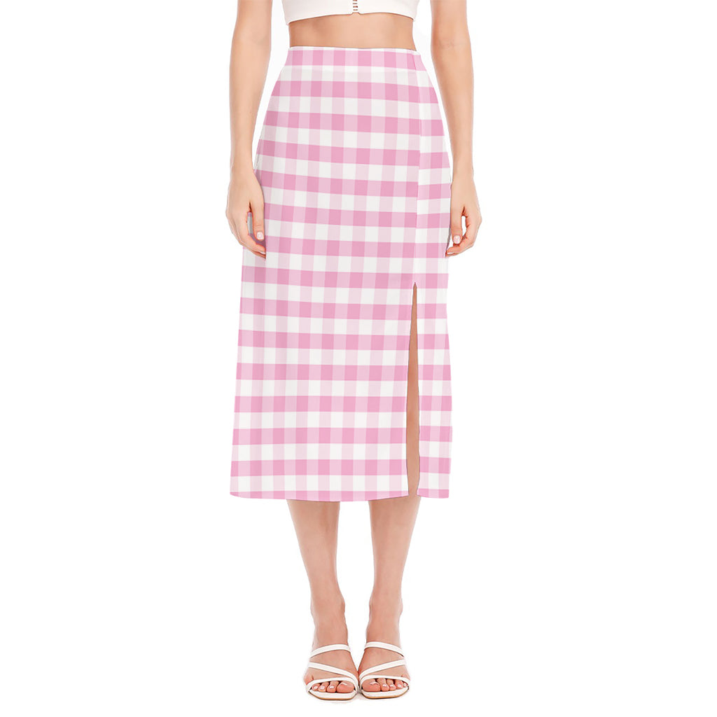 Pink And White Gingham Pattern Print Side Slit Midi Skirt