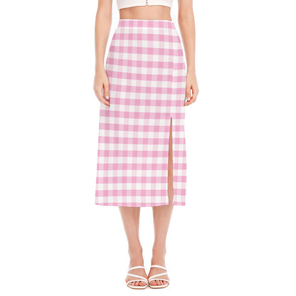 Pink And White Gingham Pattern Print Side Slit Midi Skirt